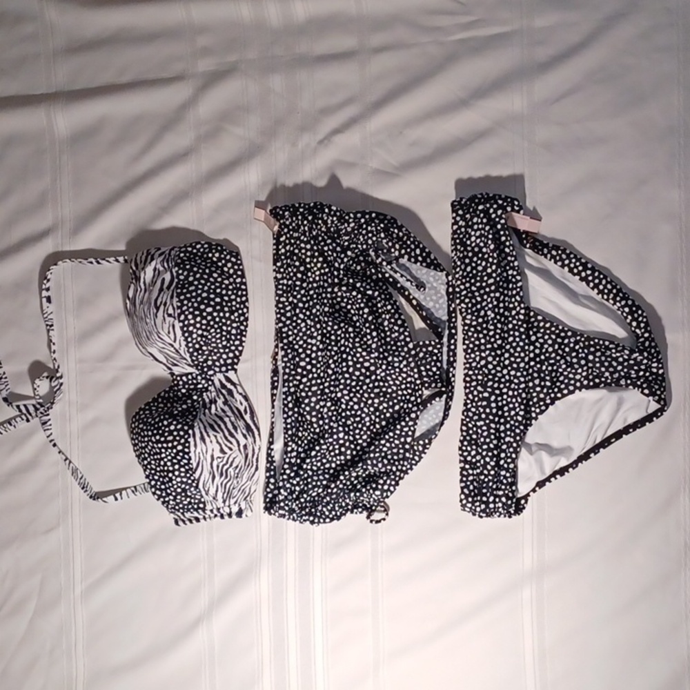 NWT 3Pc Victoria's Secret Black and White Polka Dot Bikini - Picture 1 of 4